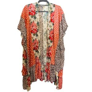 Pre-owned Boho, Lagenlook, Umgee Coral Mixed Floral and Leopard Sheer Kimono